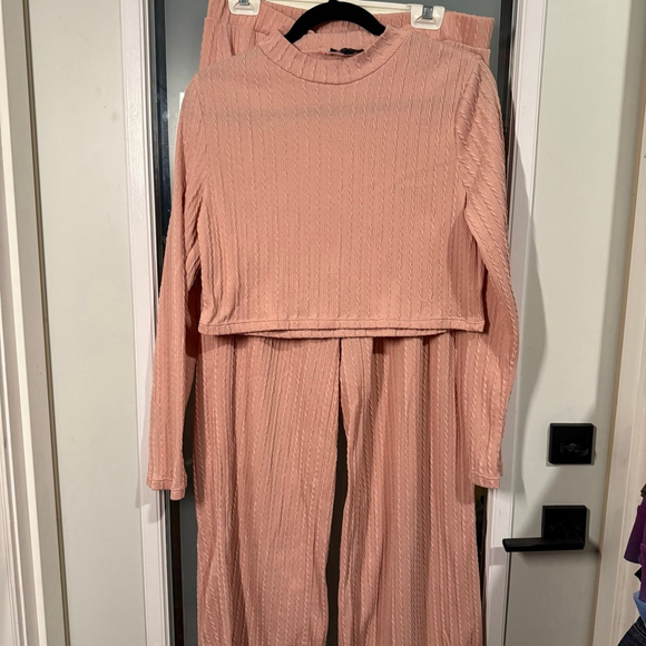 Hunter & Brown Women’s Two-Piece Knit Set Pink Cable-Knit Size XL Crop Top Wide- - Picture 2 of 10